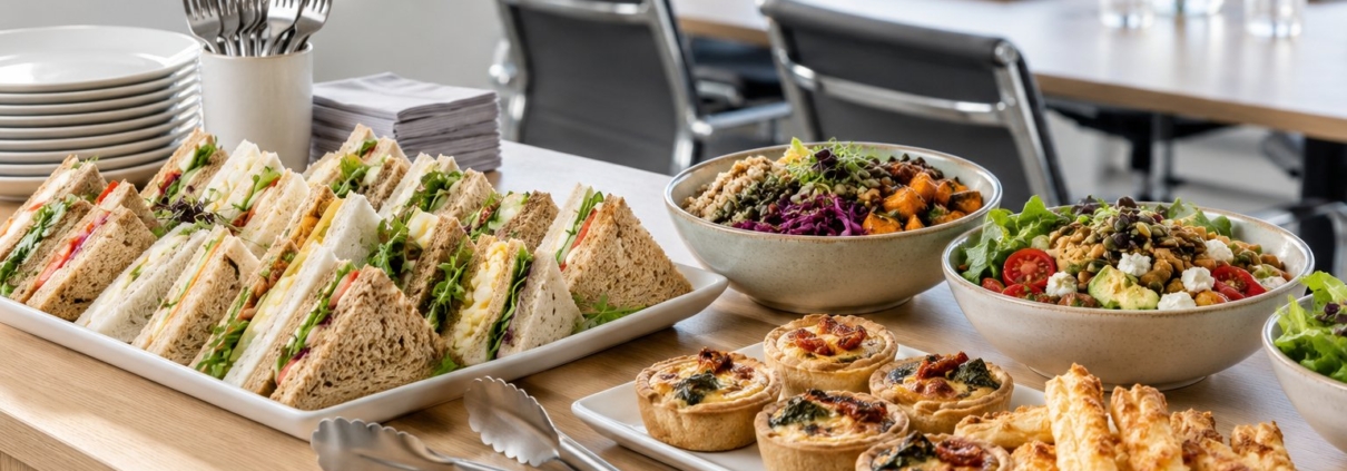 Sandwich platters, savoury tartlets and salad bowls arranged for an office lunch