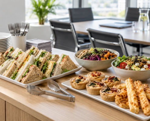 Sandwich platters, savoury tartlets and salad bowls arranged for an office lunch